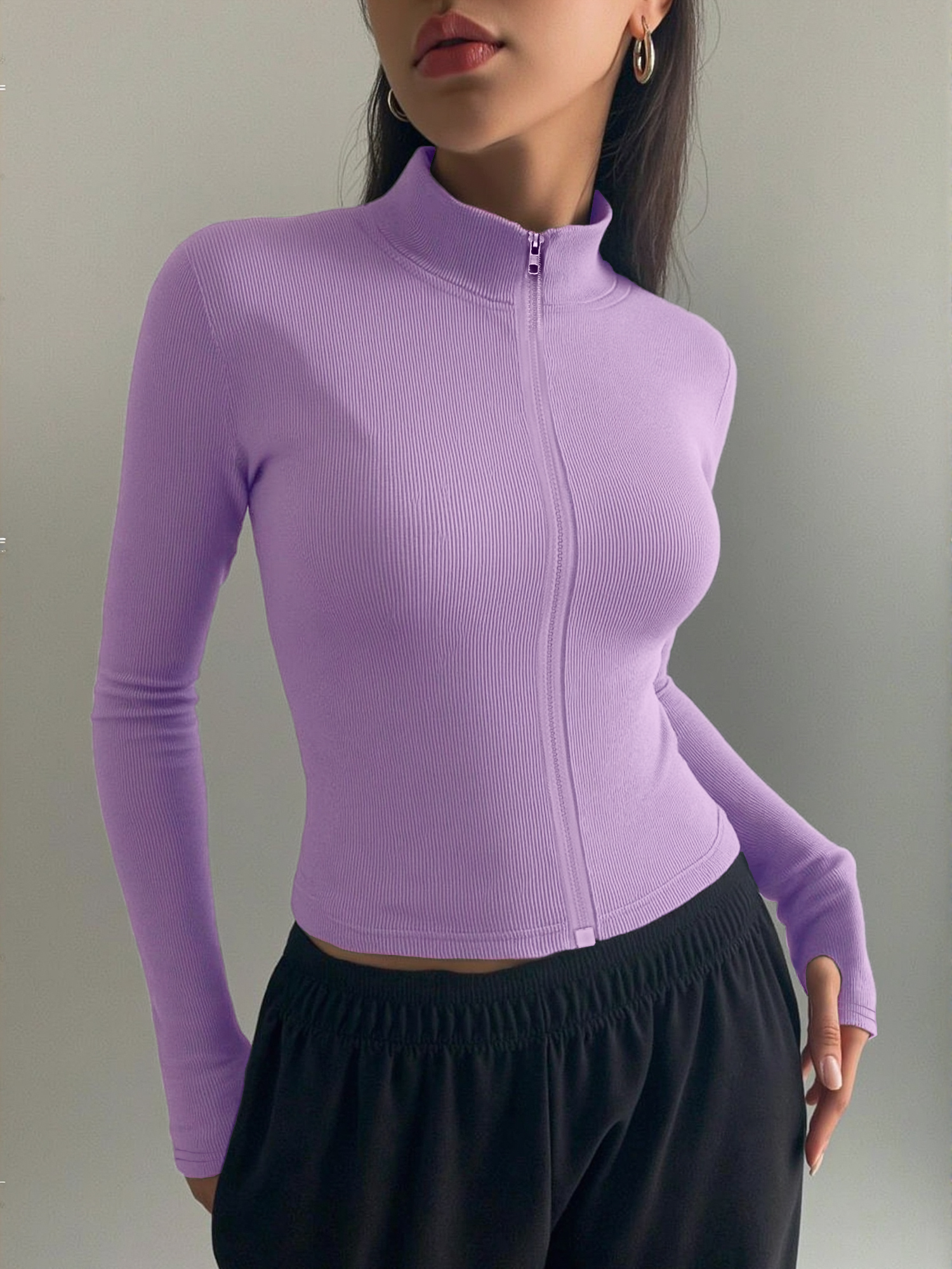 Coffee & Tea Collective - Casual Ribbed High Neck Zip-Up Top,